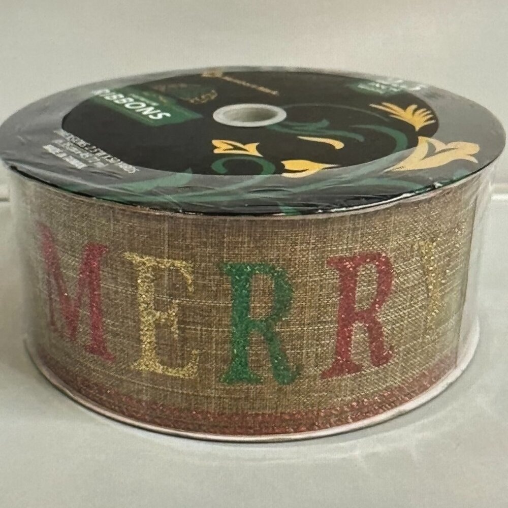 Member's Mark 50 Yds Tan w/Glitter Merry Christmas Wired Ribbon Brand New Sealed